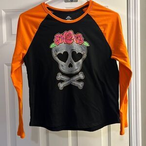Celebrate Halloween Glitter Skull & Crossbones Baseball Shirt-XL-14/16 Plus Girl